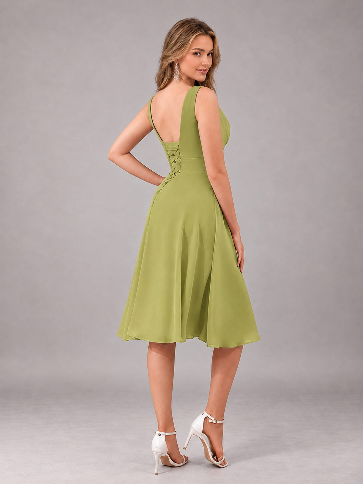 Chartreuse Stylish A-Line V-Neck Knee Length Chiffon Bridesmaid Dress