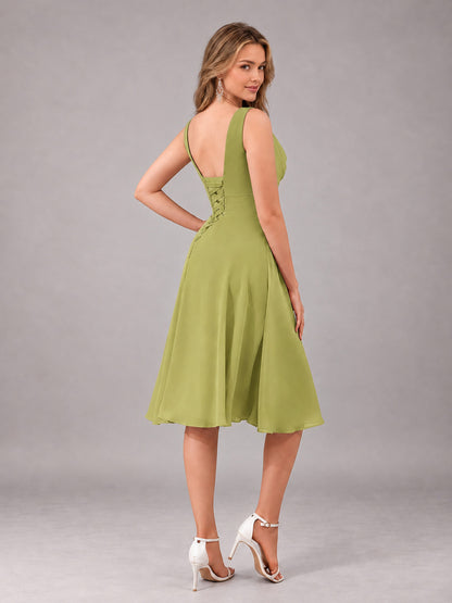 Chartreuse Stylish A-Line V-Neck Knee Length Chiffon Bridesmaid Dress