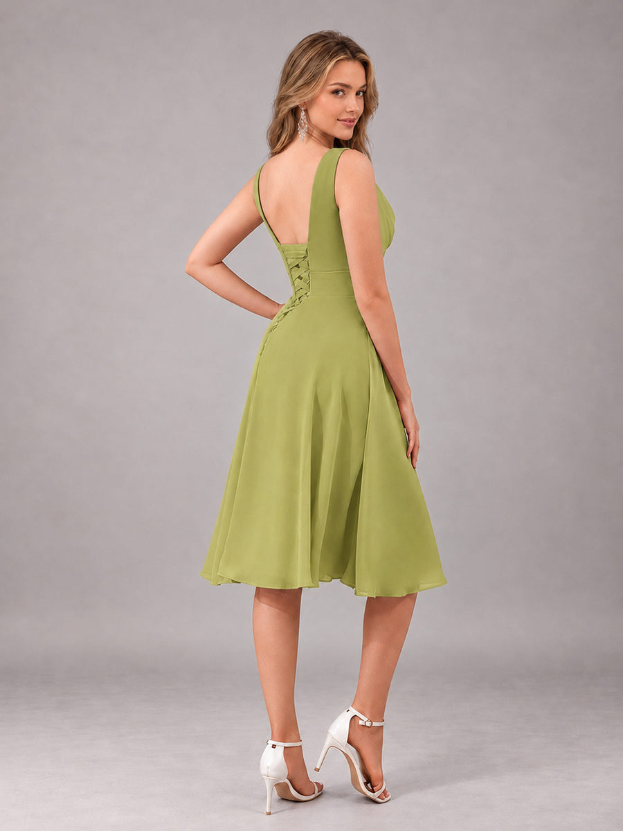 Chartreuse Stylish A-Line V-Neck Knee Length Chiffon Bridesmaid Dress