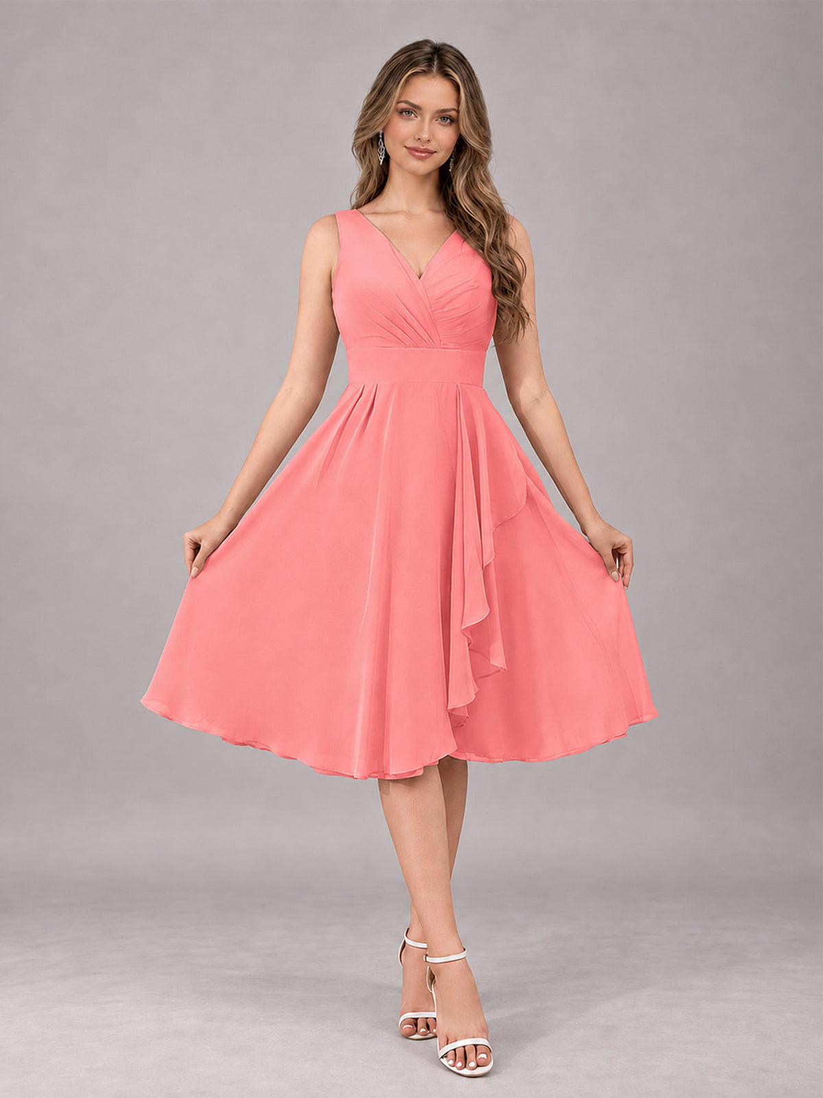 Coral Stylish A-Line V-Neck Knee Length Chiffon Bridesmaid Dress