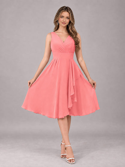 Coral Stylish A-Line V-Neck Knee Length Chiffon Bridesmaid Dress
