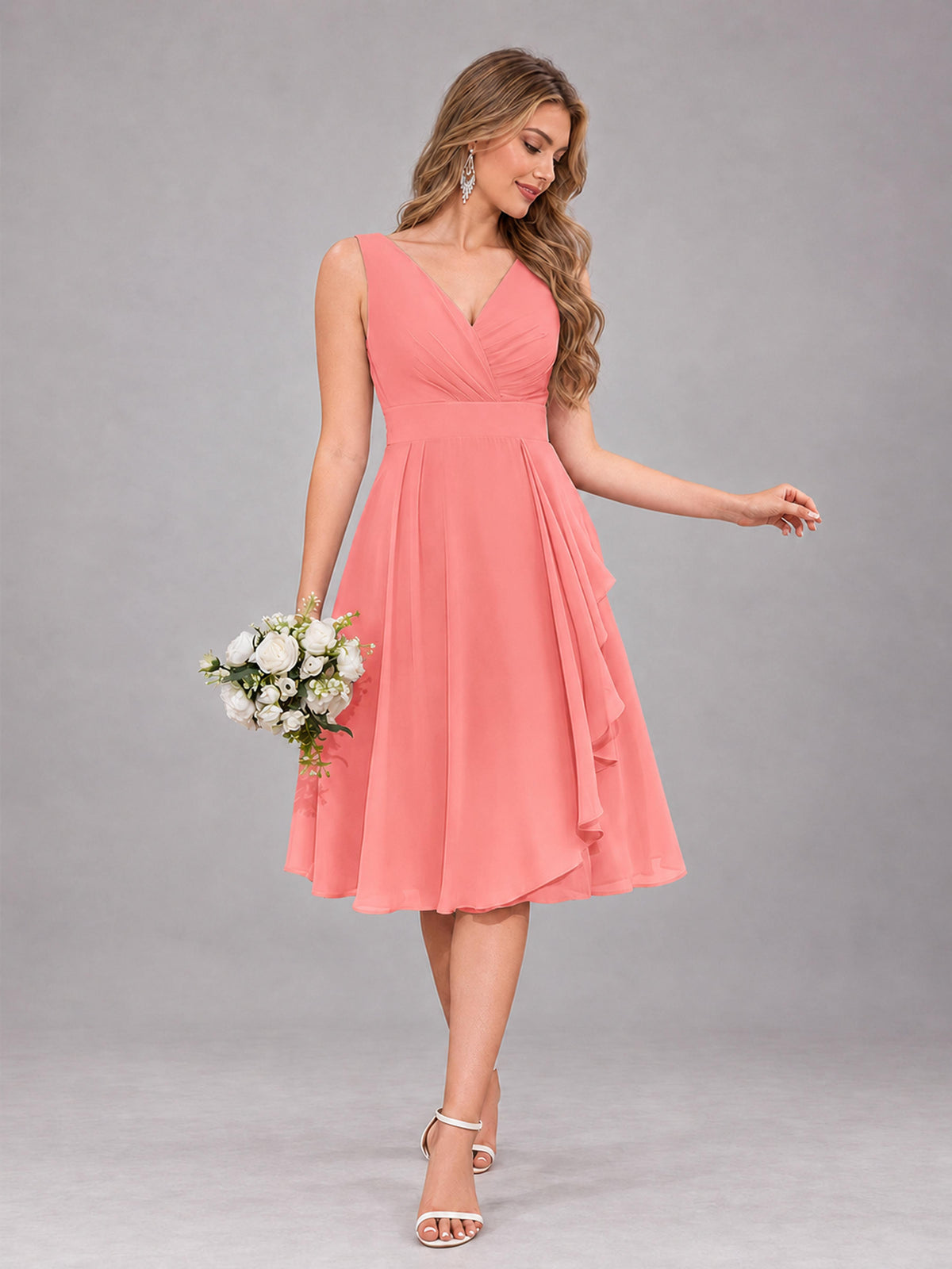 Coral Stylish A-Line V-Neck Knee Length Chiffon Bridesmaid Dress