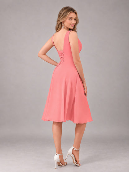 Coral Stylish A-Line V-Neck Knee Length Chiffon Bridesmaid Dress