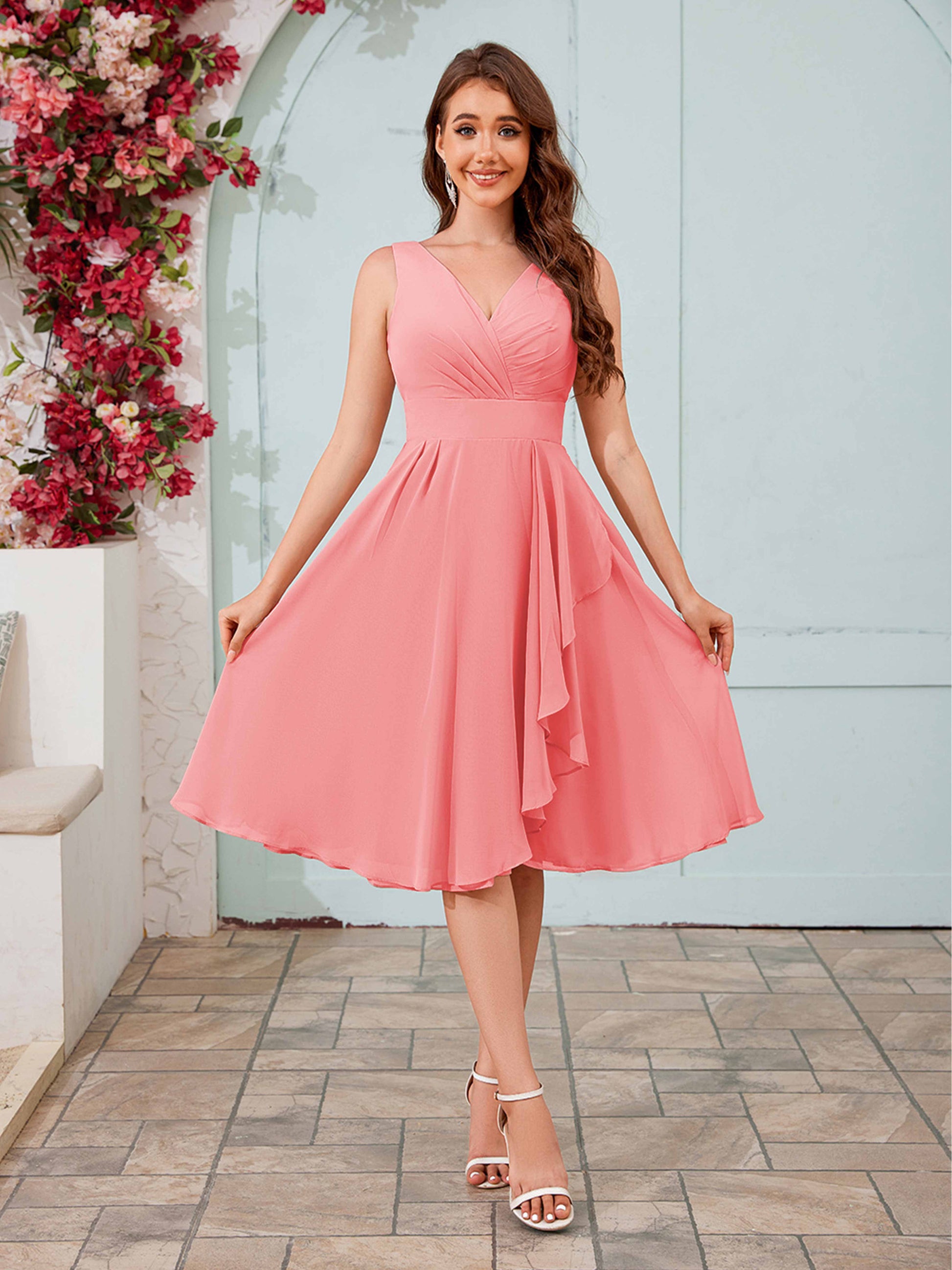Stylish A-Line V-Neck Knee Length Chiffon Bridesmaid Dresses –