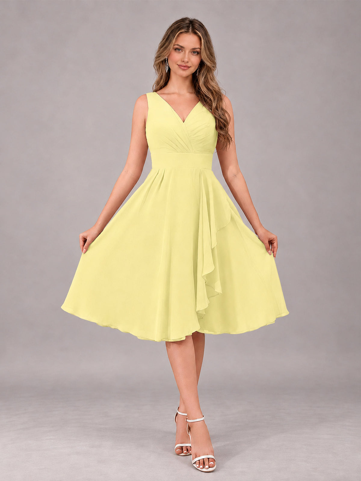 Daffodil Stylish A-Line V-Neck Knee Length Chiffon Bridesmaid Dress
