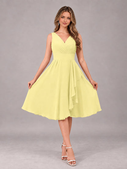 Daffodil Stylish A-Line V-Neck Knee Length Chiffon Bridesmaid Dress