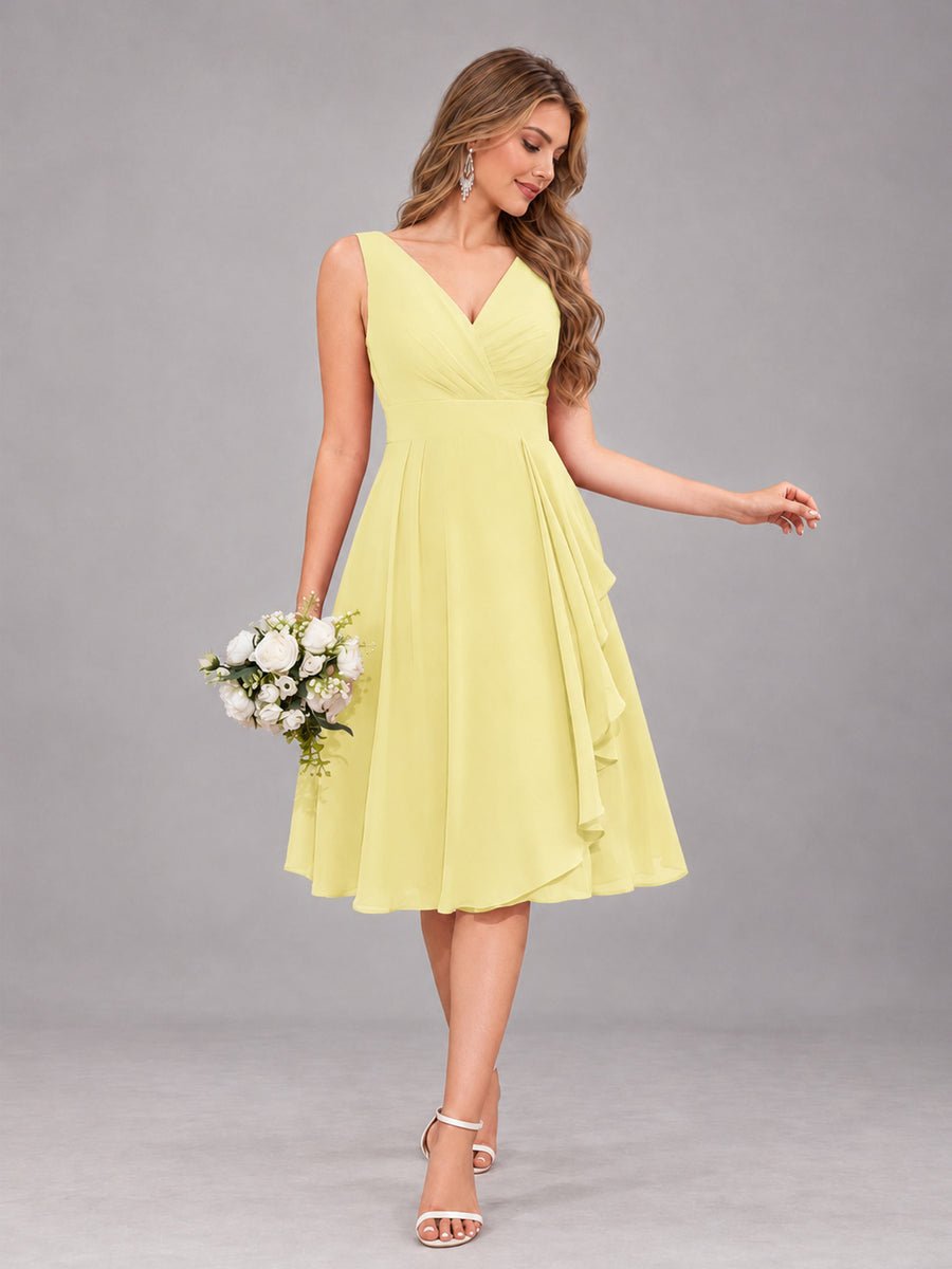 Daffodil Stylish A-Line V-Neck Knee Length Chiffon Bridesmaid Dress