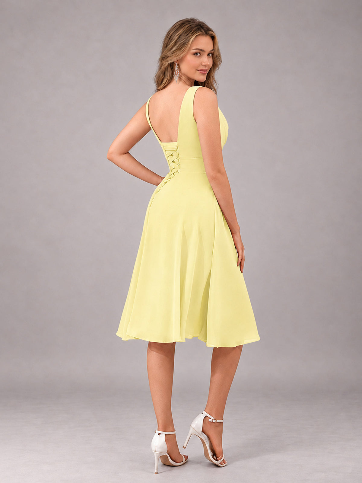 Daffodil Stylish A-Line V-Neck Knee Length Chiffon Bridesmaid Dress