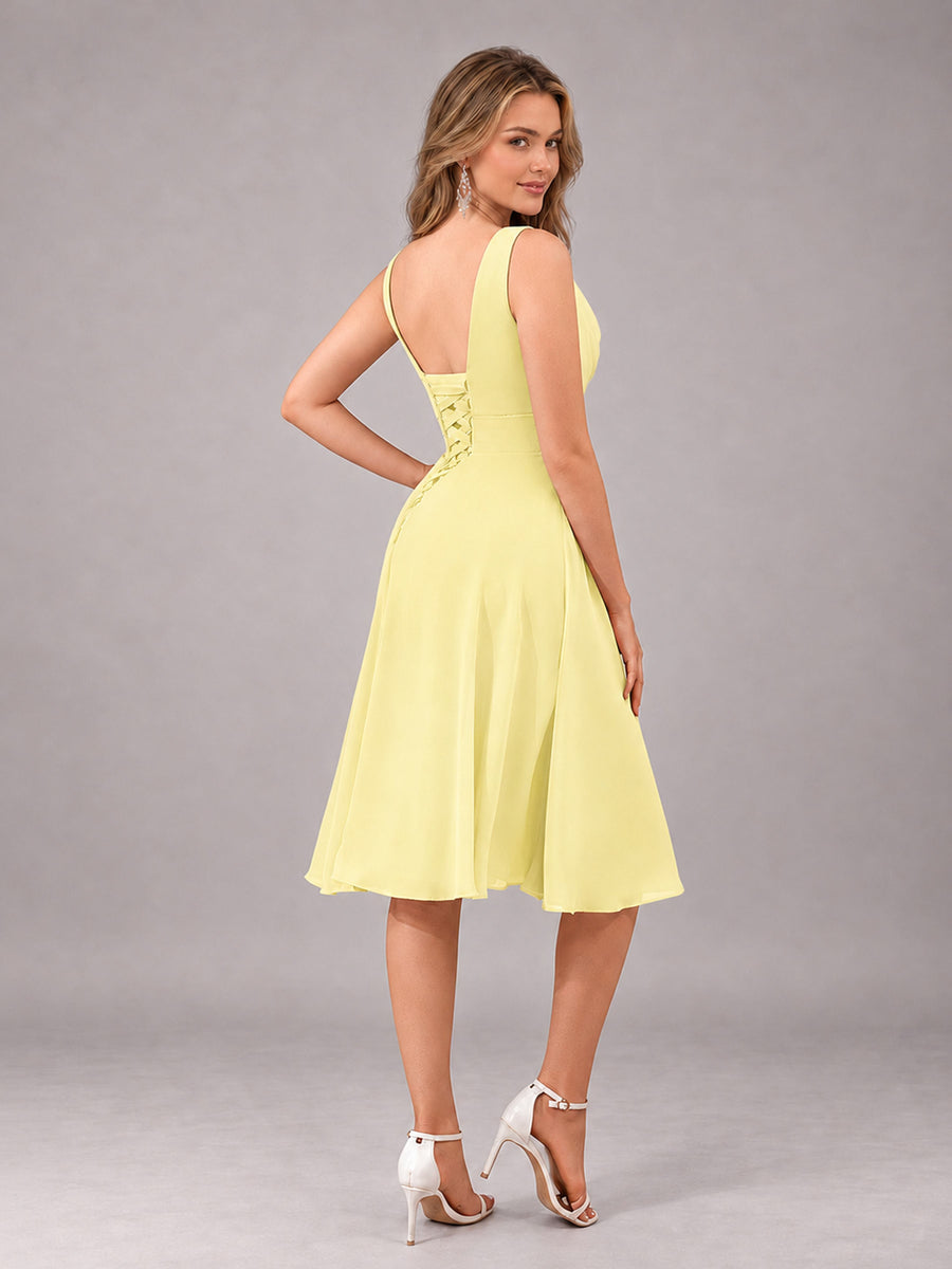 Daffodil Stylish A-Line V-Neck Knee Length Chiffon Bridesmaid Dress