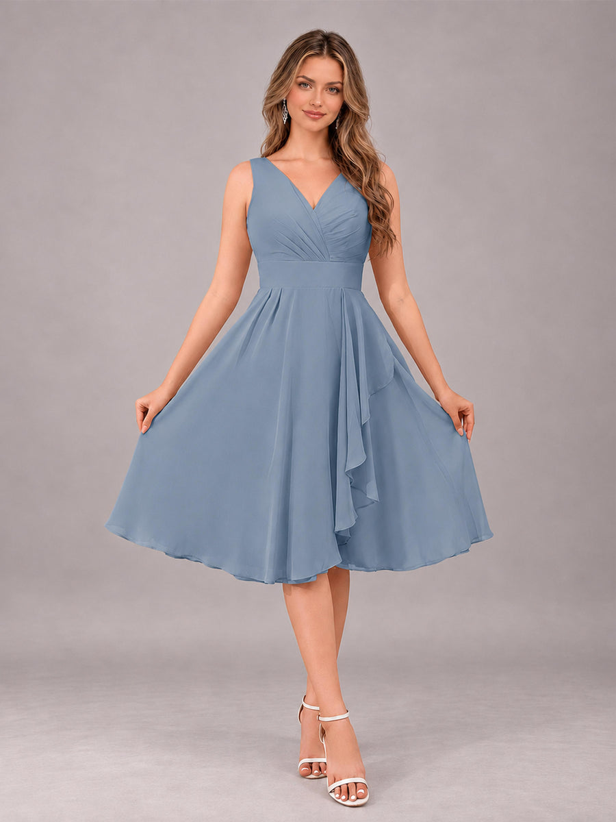Dusty Blue Stylish A-Line V-Neck Knee Length Chiffon Bridesmaid Dress