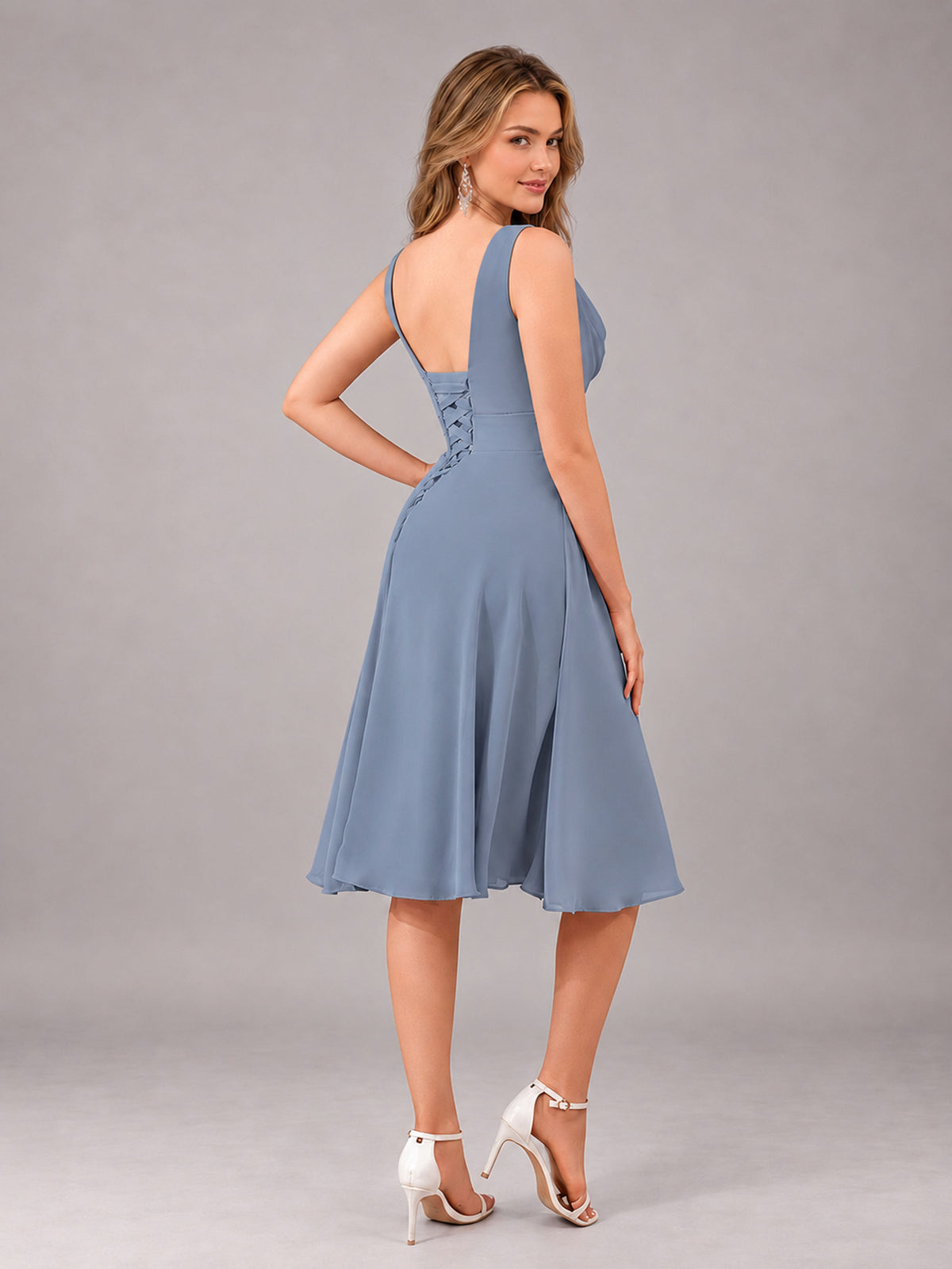 Dusty Blue Stylish A-Line V-Neck Knee Length Chiffon Bridesmaid Dress