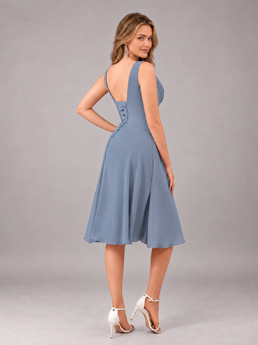 Dusty Blue Stylish A-Line V-Neck Knee Length Chiffon Bridesmaid Dress