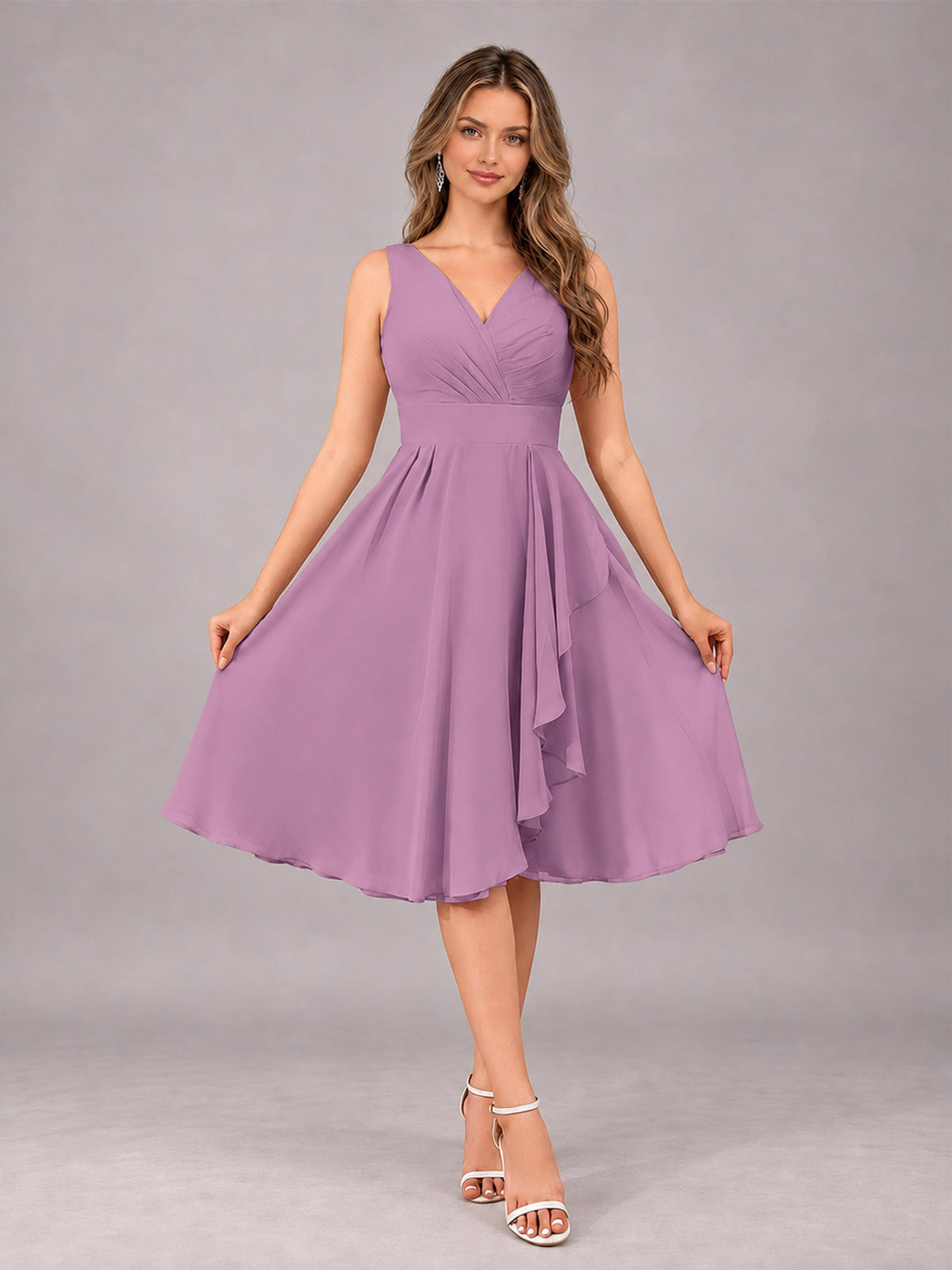 Dusty Purple Stylish A-Line V-Neck Knee Length Chiffon Bridesmaid Dress