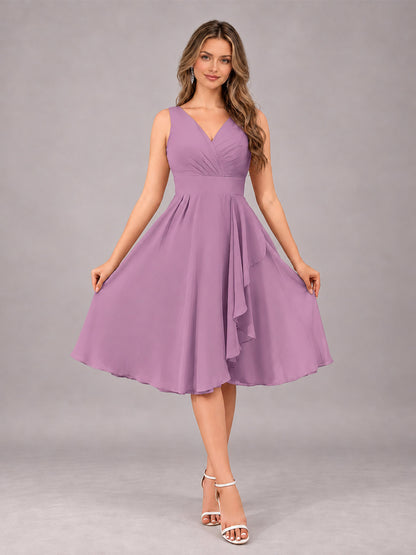 Dusty Purple Stylish A-Line V-Neck Knee Length Chiffon Bridesmaid Dress