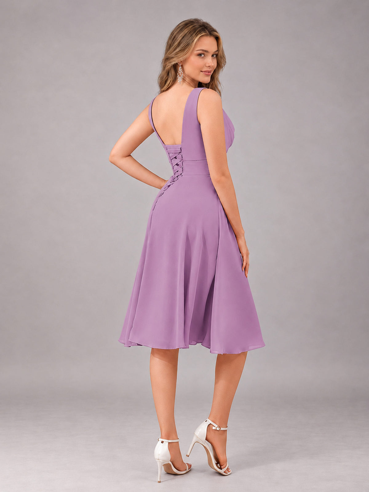 Dusty Purple Stylish A-Line V-Neck Knee Length Chiffon Bridesmaid Dress