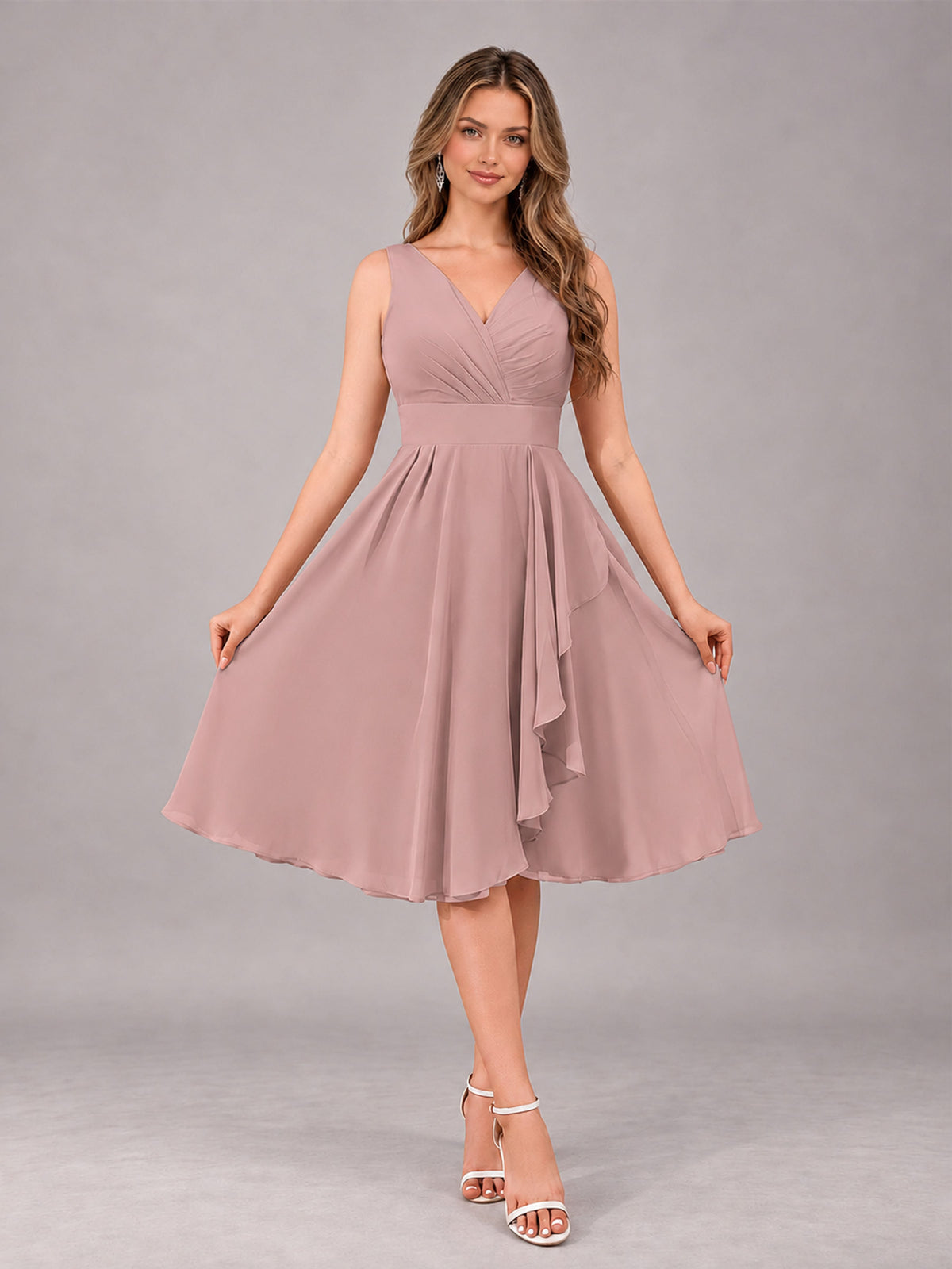Dusty Rose Stylish A-Line V-Neck Knee Length Chiffon Bridesmaid Dress