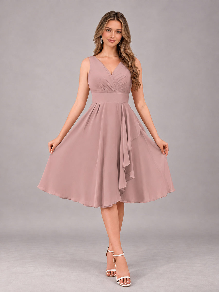 Dusty Rose Stylish A-Line V-Neck Knee Length Chiffon Bridesmaid Dress