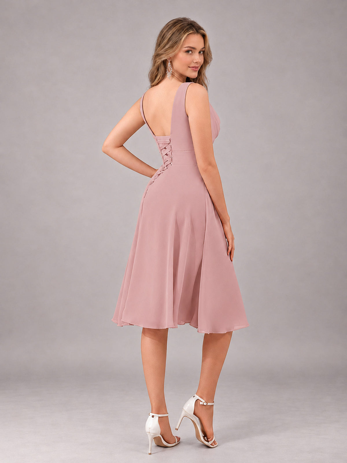 Dusty Rose Stylish A-Line V-Neck Knee Length Chiffon Bridesmaid Dress