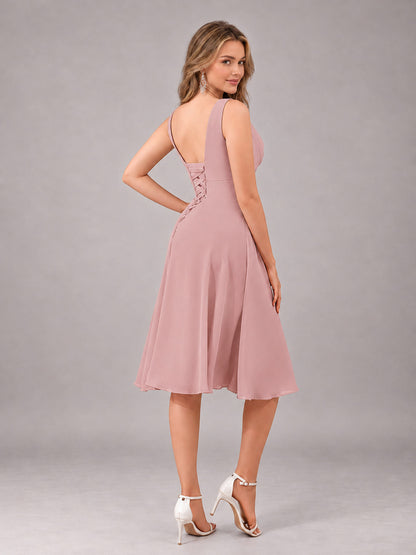 Dusty Rose Stylish A-Line V-Neck Knee Length Chiffon Bridesmaid Dress