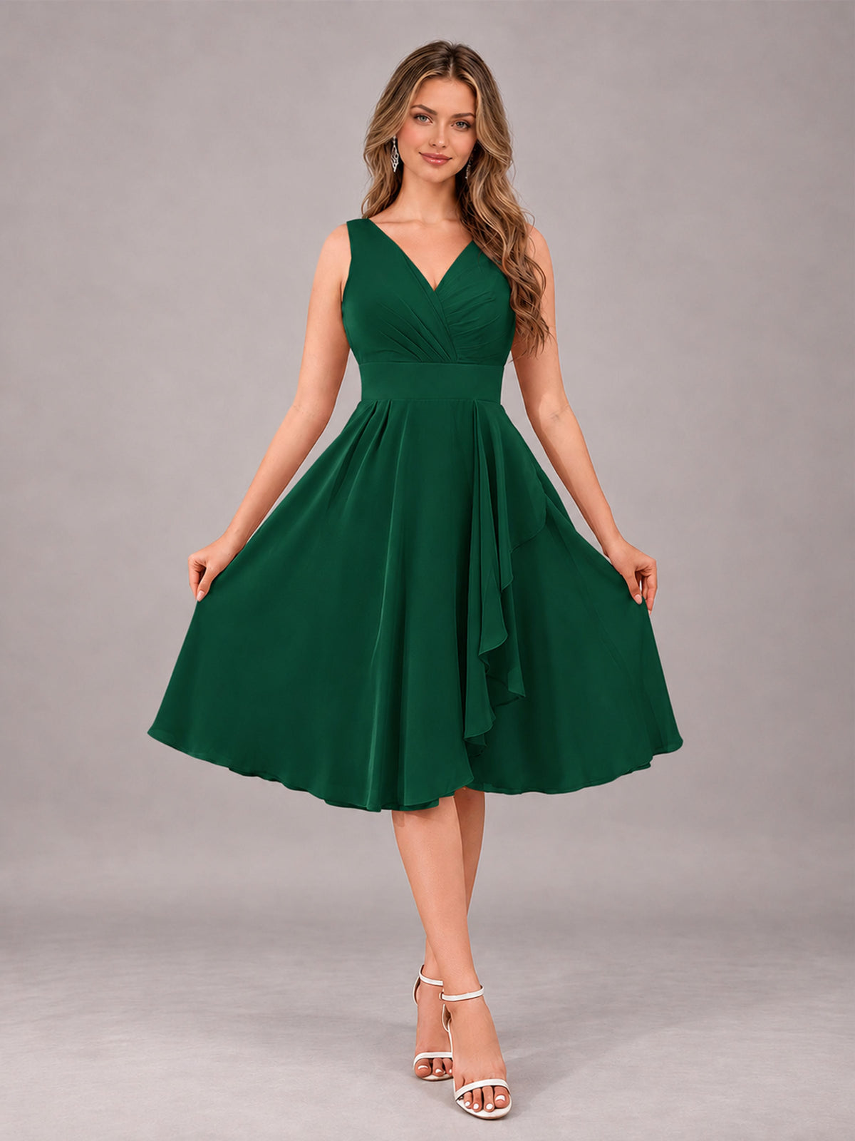 Emerald Green Stylish A-Line V-Neck Knee Length Chiffon Bridesmaid Dress