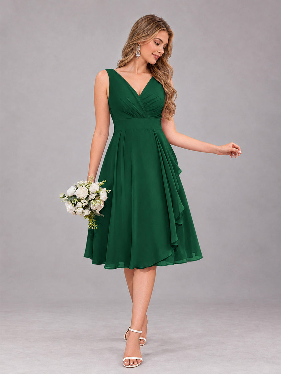 Emerald Green Stylish A-Line V-Neck Knee Length Chiffon Bridesmaid Dress