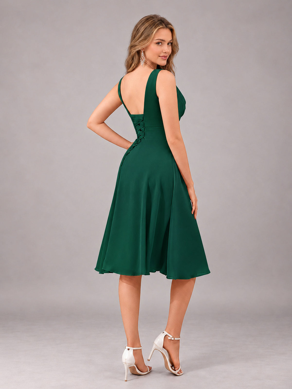 Emerald Green Stylish A-Line V-Neck Knee Length Chiffon Bridesmaid Dress
