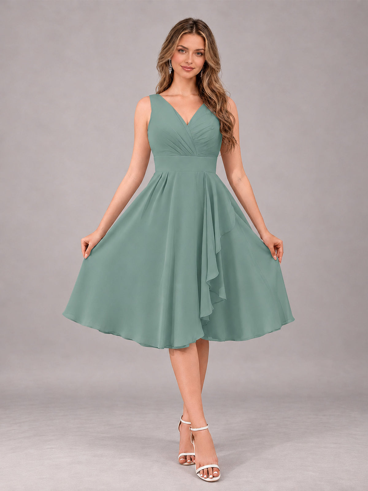 Eucalyptus Stylish A-Line V-Neck Knee Length Chiffon Bridesmaid Dress