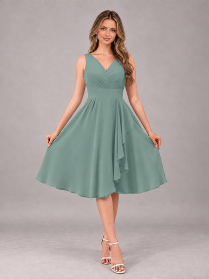 Eucalyptus Stylish A-Line V-Neck Knee Length Chiffon Bridesmaid Dress