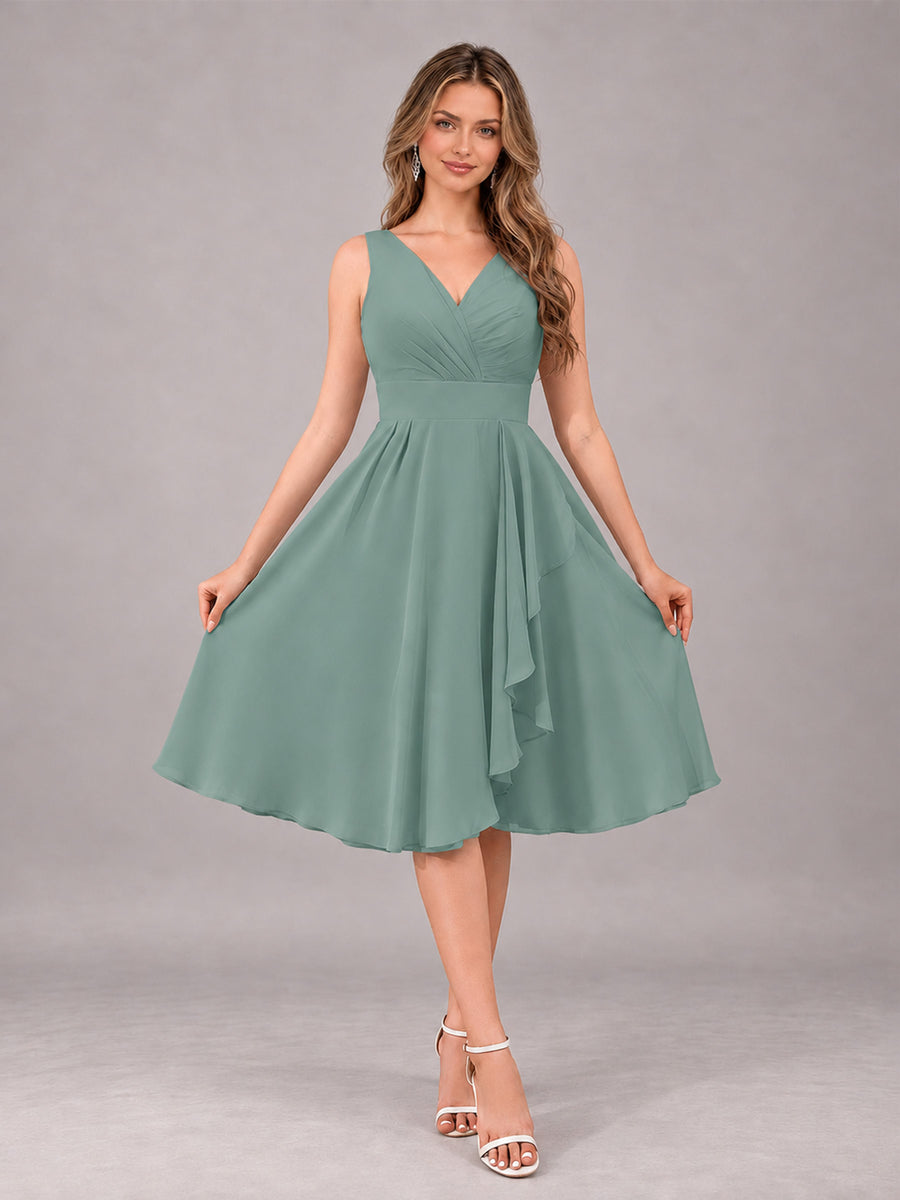Eucalyptus Stylish A-Line V-Neck Knee Length Chiffon Bridesmaid Dress