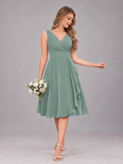 Eucalyptus Stylish A-Line V-Neck Knee Length Chiffon Bridesmaid Dress