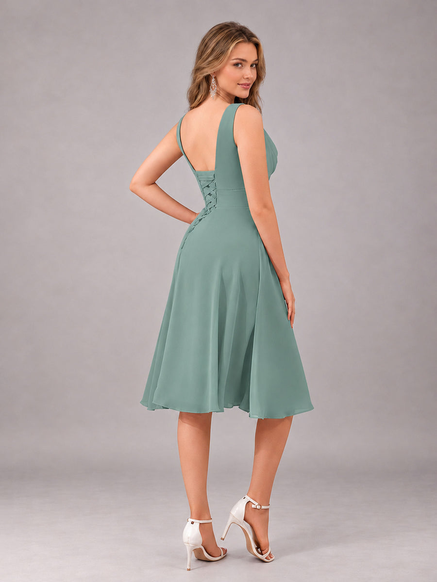 Eucalyptus Stylish A-Line V-Neck Knee Length Chiffon Bridesmaid Dress