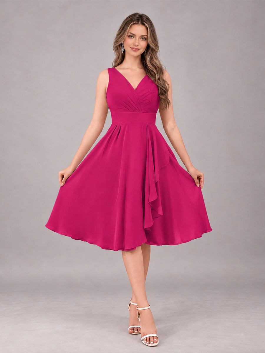 Fuchsia Stylish A-Line V-Neck Knee Length Chiffon Bridesmaid Dress