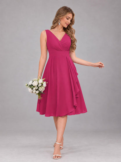 Fuchsia Stylish A-Line V-Neck Knee Length Chiffon Bridesmaid Dress
