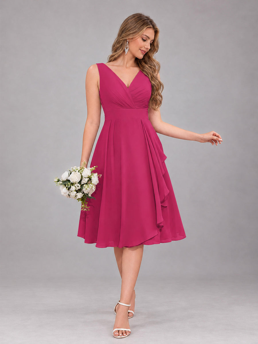 Fuchsia Stylish A-Line V-Neck Knee Length Chiffon Bridesmaid Dress