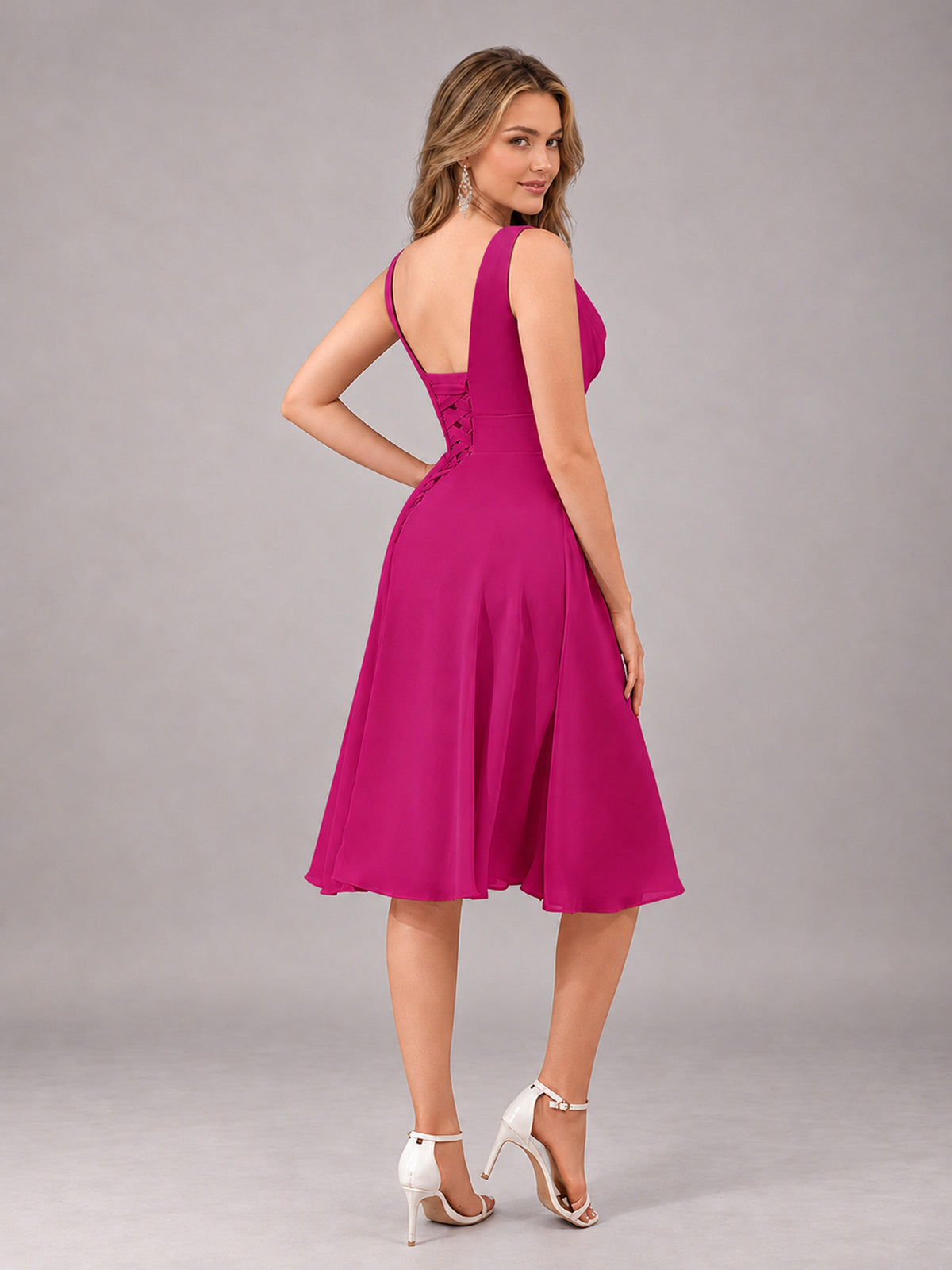Fuchsia Stylish A-Line V-Neck Knee Length Chiffon Bridesmaid Dress