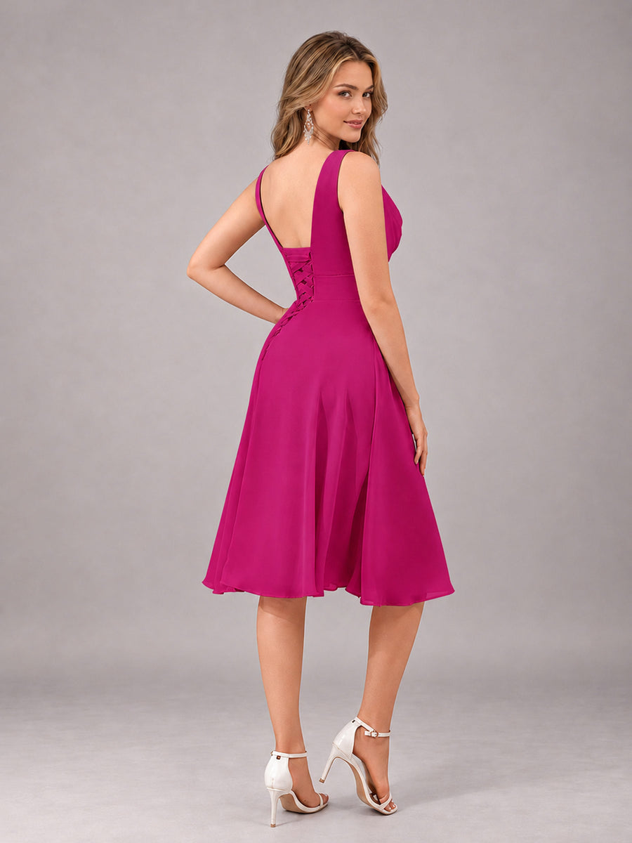 Fuchsia Stylish A-Line V-Neck Knee Length Chiffon Bridesmaid Dress
