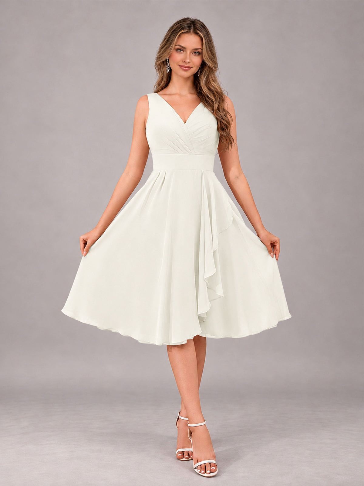 Ivory Stylish A-Line V-Neck Knee Length Chiffon Bridesmaid Dress