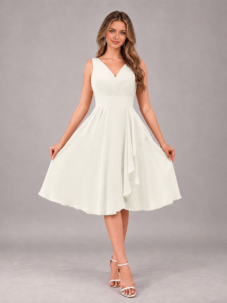Ivory Stylish A-Line V-Neck Knee Length Chiffon Bridesmaid Dress