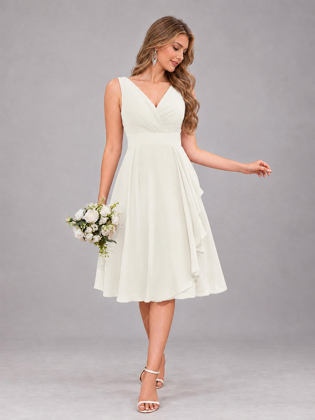 Ivory Stylish A-Line V-Neck Knee Length Chiffon Bridesmaid Dress