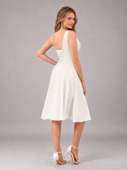 Ivory Stylish A-Line V-Neck Knee Length Chiffon Bridesmaid Dress