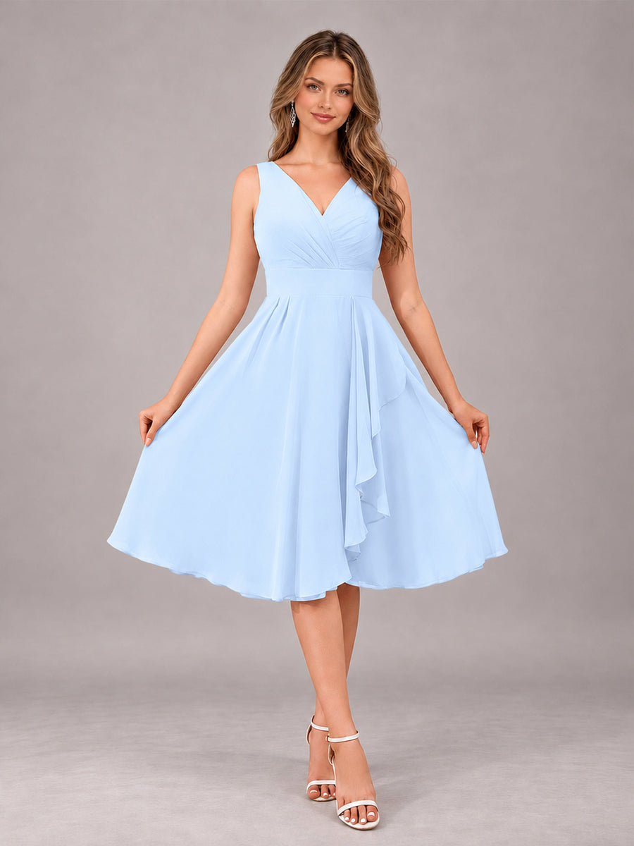 Light Blue Stylish A-Line V-Neck Knee Length Chiffon Bridesmaid Dress