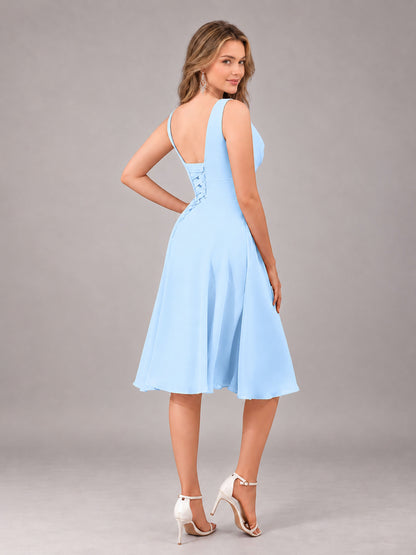 Light Blue Stylish A-Line V-Neck Knee Length Chiffon Bridesmaid Dress