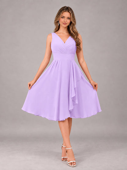 Lilac Stylish A-Line V-Neck Knee Length Chiffon Bridesmaid Dress
