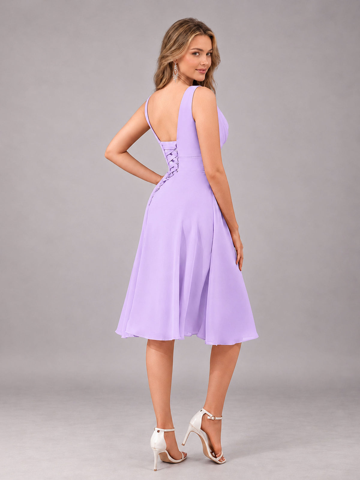 Lilac Stylish A-Line V-Neck Knee Length Chiffon Bridesmaid Dress