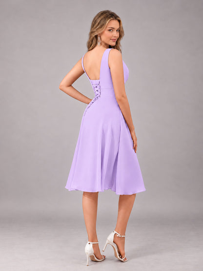 Lilac Stylish A-Line V-Neck Knee Length Chiffon Bridesmaid Dress