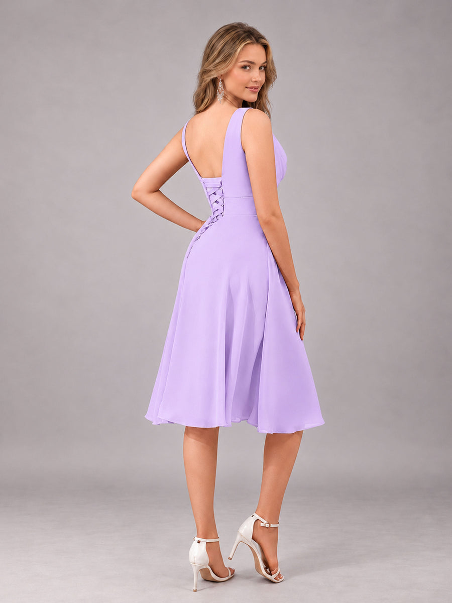 Lilac Stylish A-Line V-Neck Knee Length Chiffon Bridesmaid Dress