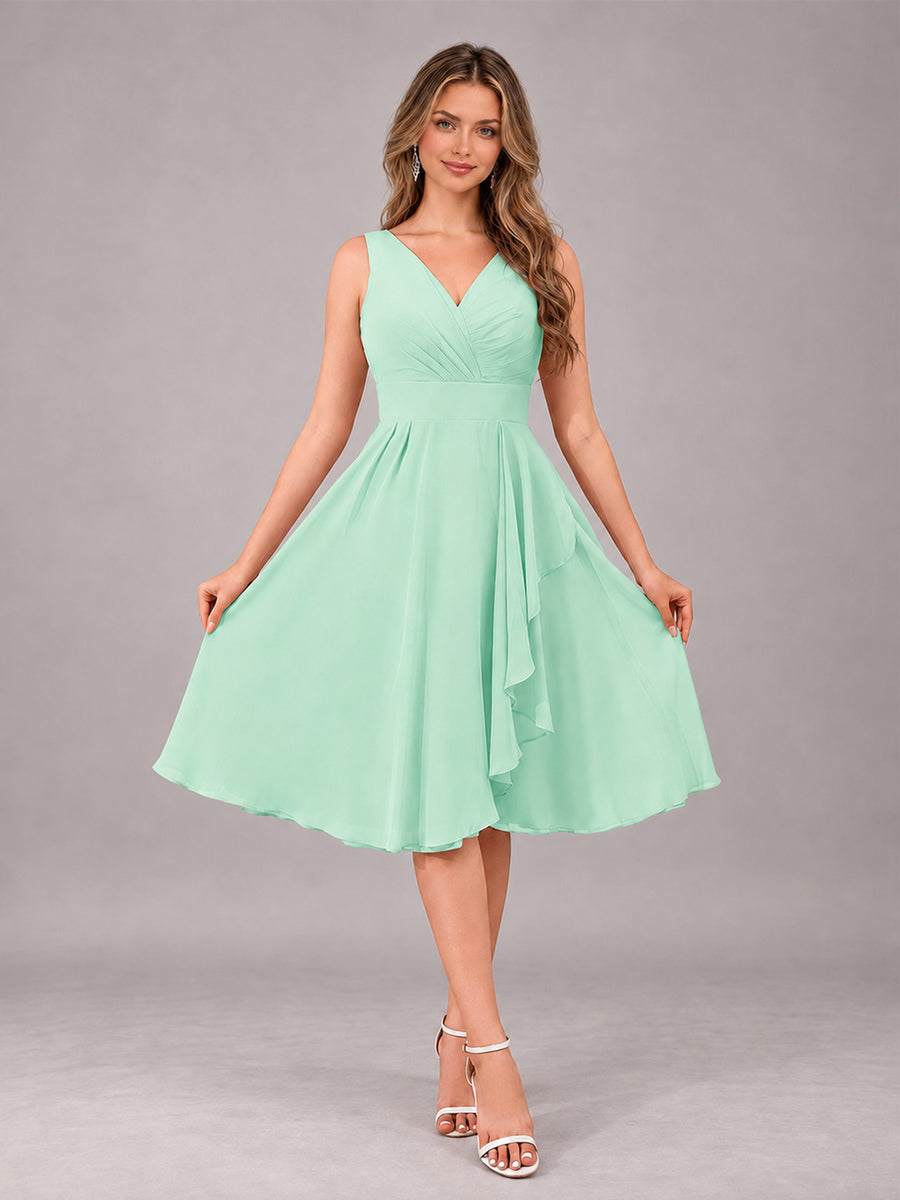 Mint Green Stylish A-Line V-Neck Knee Length Chiffon Bridesmaid Dress