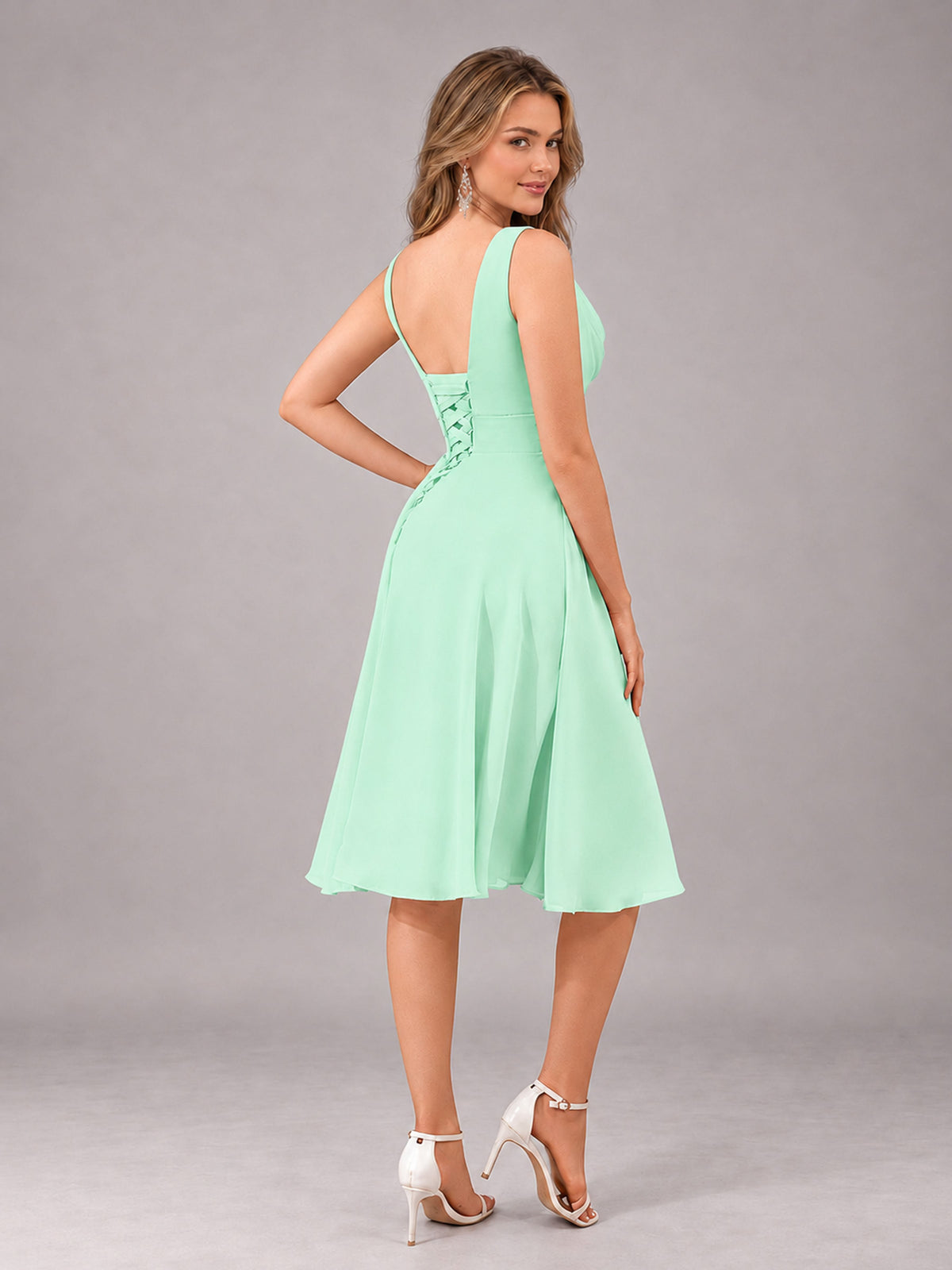 Mint Green Stylish A-Line V-Neck Knee Length Chiffon Bridesmaid Dress