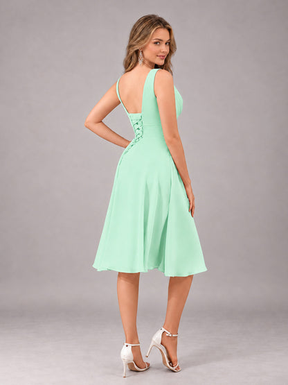 Mint Green Stylish A-Line V-Neck Knee Length Chiffon Bridesmaid Dress