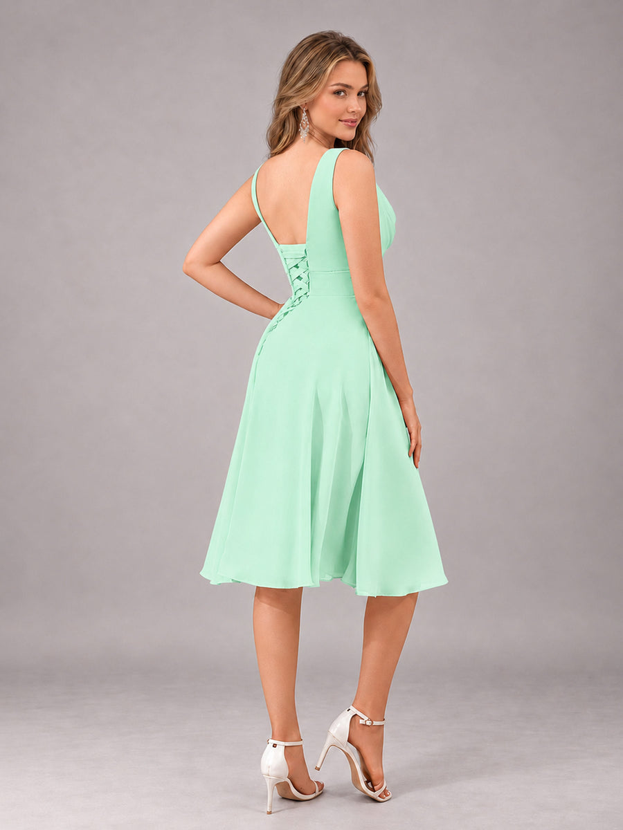 Mint Green Stylish A-Line V-Neck Knee Length Chiffon Bridesmaid Dress
